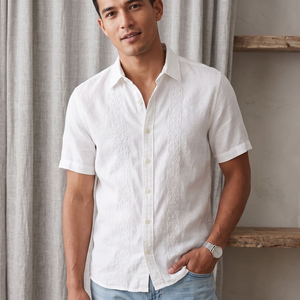 Banana Republic Shirt Mens White 100% Linen Embroidered Guayabera Short Sleeve L